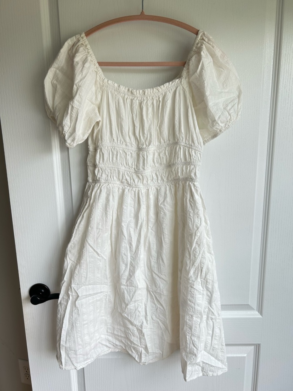 White Puff-Sleeve Smocked Dress